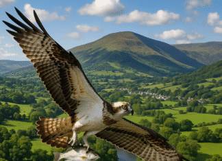 Ospreys return to Usk valley – A Symbol of Conservation Success in Mid-Wales ai enhanced image of osprey